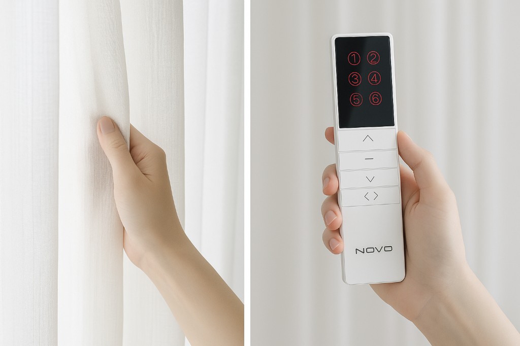 Hand gently pulling a sheer curtain to start the motor, and hand holding the Novo remote with channel display