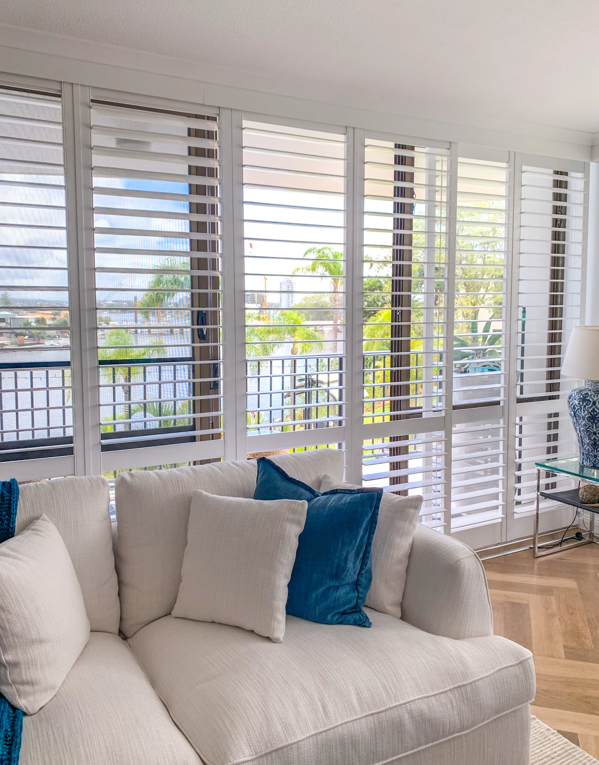 Wide sliding plantation shutters, Surfers Paradise living area