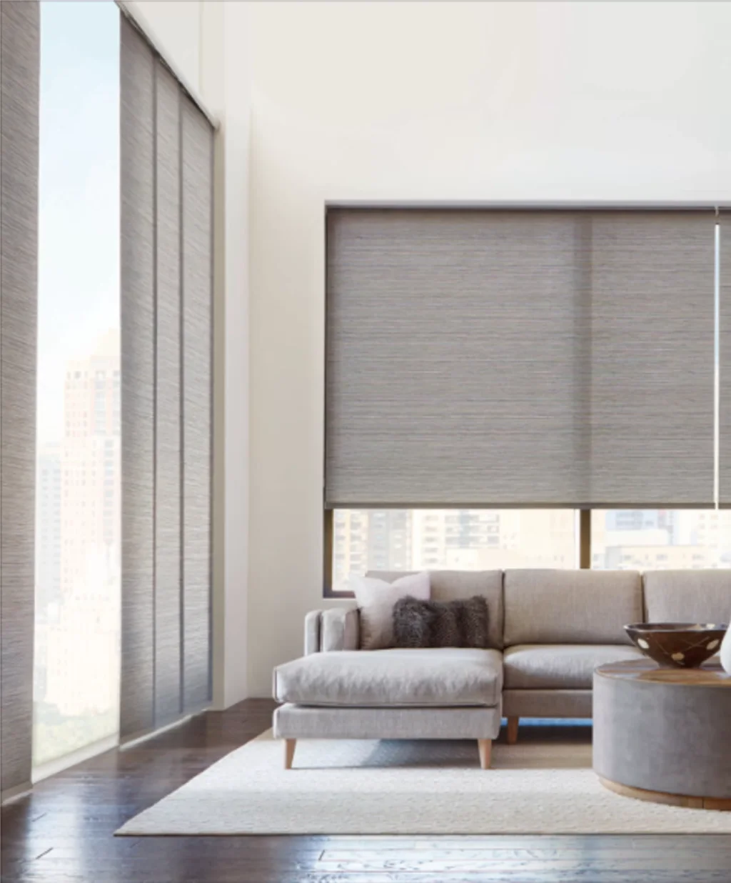 Living room with matching light-filtering panel glide blinds and roller blind in coordinated grey fabric - Camp Hill