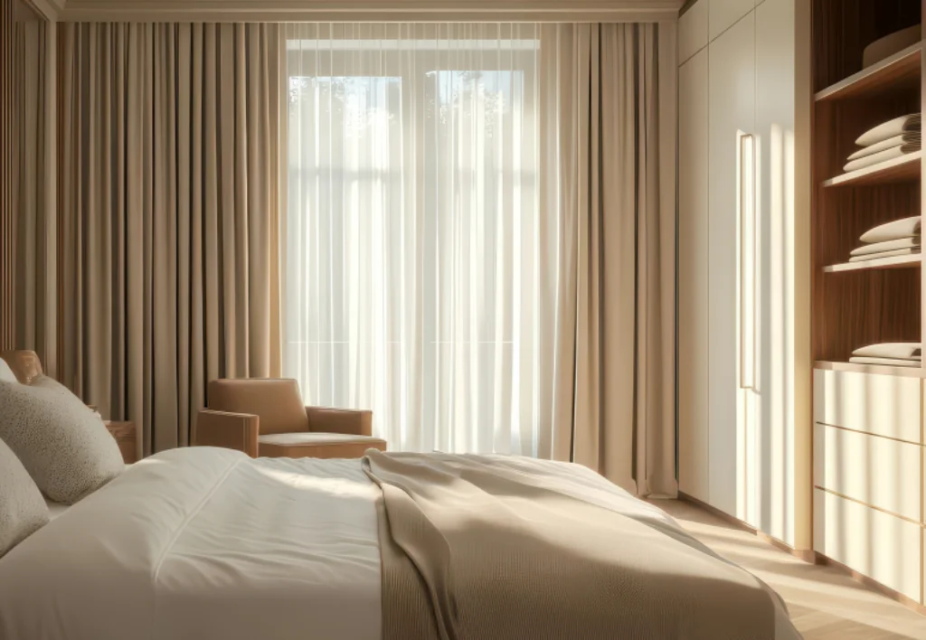 Charcoal blockout and white sheer S-fold curtains on two tracks in a bedroom - Eight Mile Plains