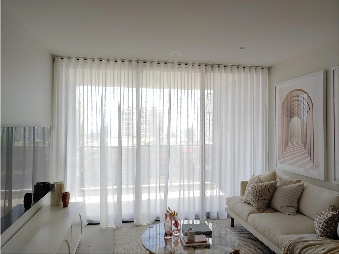 Sheer white S-fold wave curtains in a modern living room - Camp Hill