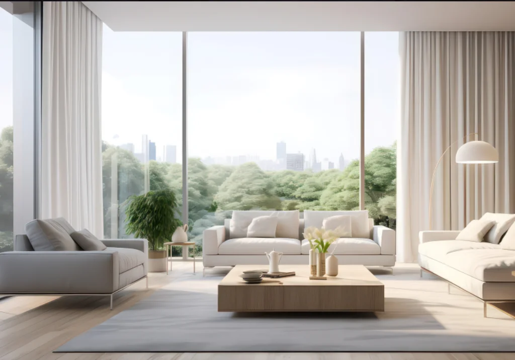 Bright living room with floor-to-ceiling motorised sheer curtains framing a green outlook