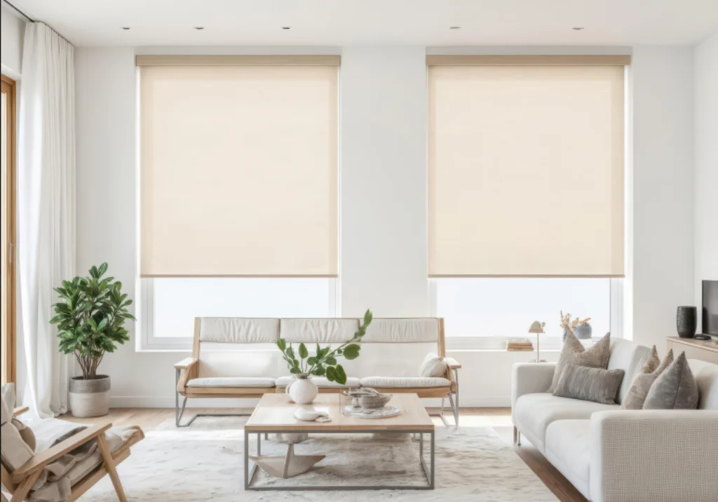 Light-filtering roller blinds in a bright modern living room - soft daylight and daytime privacy